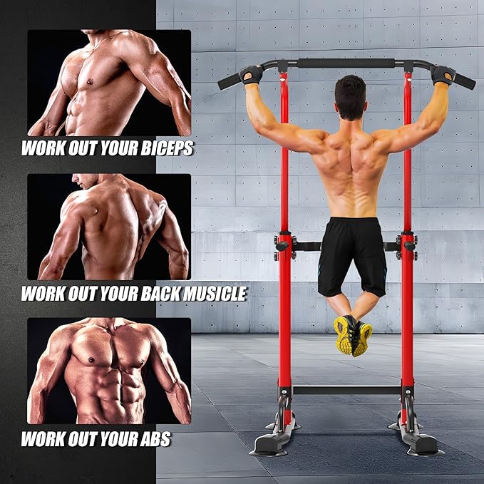 soges Power Tower Pull Up Bar Station, Free Standing Pull Up Rack Dip Station for Home Gym, Height Adjustable Home Strength Training Fitness Workout Equipment