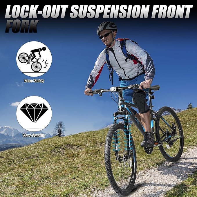 26/27.5" Mountain Bike 21 Speed Bikes for Adults, Men & Women Mountain Bike with High Carbon Steel Frame, All-Terrain Tires, Double Disc Brake and Suspension Fork