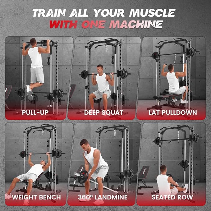Smith Machine with LAT-Pull Down, Multi-Functional Smith Machine, Power Cage with Cable Crossover, Squat Rack with Landmine, Barbell Bar, Plate Storage Pegs and More Training Attachment