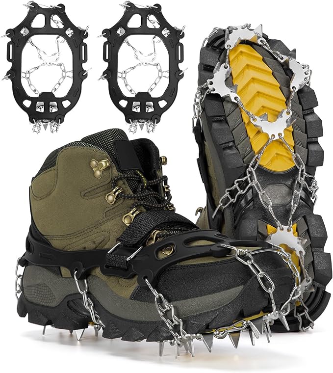 24 Spikes Crampons for Shoes, Anti Slip Ice Cleats for Shoes and Boots, Traction Ice Snow Grip with Stainless Steel Spikes and Silicone Men Women for Hiking, Walking, Climbing, Jogging,Fishing