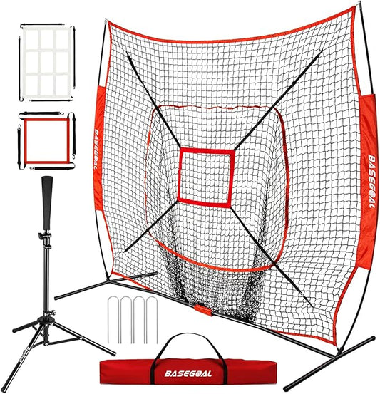 7'×7' Baseball Softball Practice Net,Baseball Backstop,with Batting Tee,for Hitting Pitching Batting Catching with Bow Frame,Bonus Strike Zone