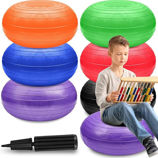 Lewtemi 6 Pcs Flexible Seating for Classroom Elementary 20 Inch Yoga Ball Chairs Large Inflatable Donut Exercise Ball Chair Stability Balance Trainer with Inflator for Kids Student(Bright Color)