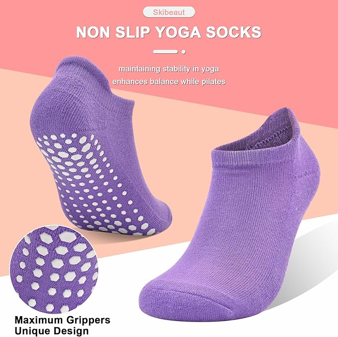 SkiBeaut Grips Non Slip Socks for Women, 4 Pairs Yoga Pilates Anti Skid Woman Hospital Gripper Socks (5-12)