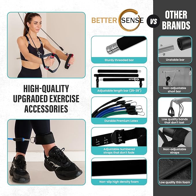 Upgraded Pilates Bar Kit – 39” Adjustable Exercise Equipment for Men, Women with 6X 20, 30, 40 lbs Resistance Bands with Adjustment Buckle – Pilates Equipment for Home Workouts for All Fitness Levels