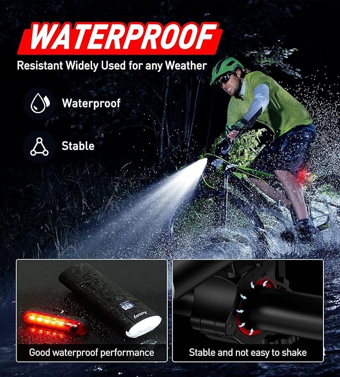 Bike Light Set USB Rechargeable - 5400mAh Bike Headlight & Taillight with Digital Display, 3 LED Super Bright 1600 Lumen 6 Lights Modes for All Bicycles, Road, Mountain, Night Riding