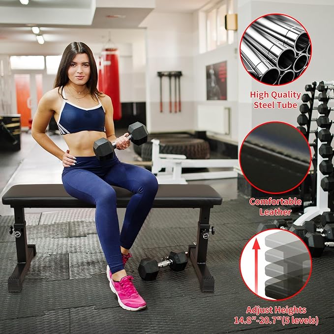 Flat Weight Bench for Weight Training, Easy Assembly Height Adjustable Workout Bench for Weight Training, Home Fitness Strength Training Bench (440lbs)