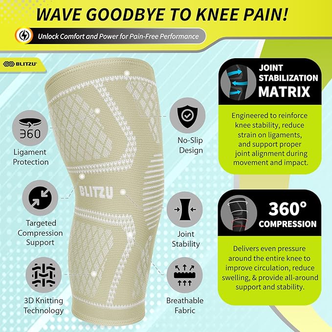 Knee Brace for Women & Men, 2 Pack Compression Knee Brace, Knee Support Sleeve for Pain Relief, Running, Workout, Sports, Knee Braces for ACL, Meniscus Tear, Arthritis, Injury Recovery Beige M