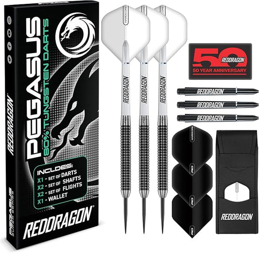 RED DRAGON Pegasus Professional Tungsten Steeltip Darts Set Available in 21, 23, 24, 25, 26, 28, 30 Gram with Flights, Stems (Shafts) and Wallet