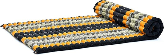 Leewadee - Kapok Roll Mat – Handcrafted Folding Sleep & Relaxation Mattress from Thailand, Ideal as Guest Bed, Camping Mat, Yoga Mat or Traditional Futon, 75 x 39 inches, Black Orange