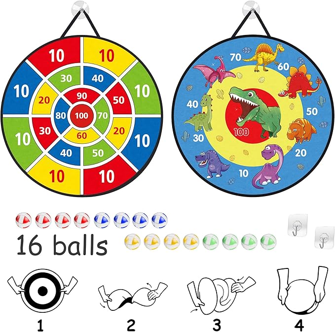 TOMYOU 26" Dart Board for Kids with 16 Sticky Balls, Double Sided Dinosaur Dart Board, Indoor Outdoor Party Games Toys, Birthday Toys Gift for Age 5 6 7 8 9 10 11 12 Year Old Boys Girls