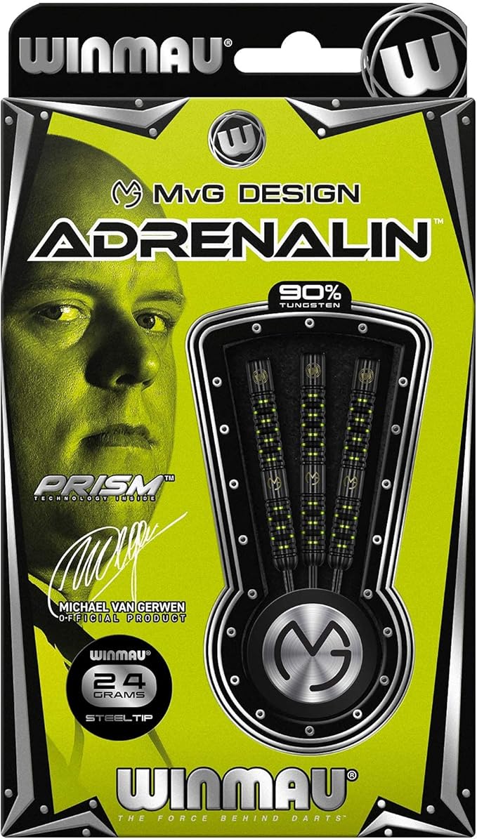 Winmau Michael Van Gerwen MvG Adrenalin 90% Tungsten Darts Set with Flights and Stems (Shafts)