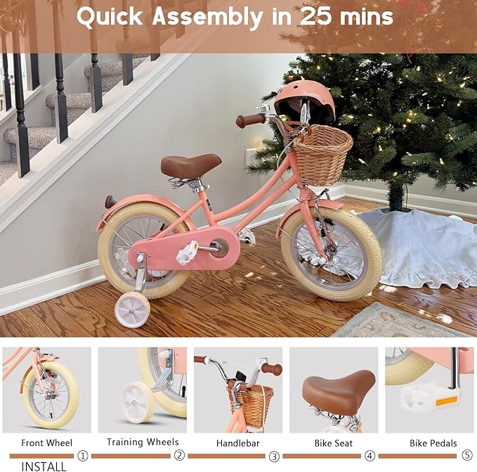 Glerc Little Molly 12-20 Inch Kids Retro Cruiser Bike for 2-13 Year Old with Wicker Basket & Training Wheels/Kickstand, Multiple Colors