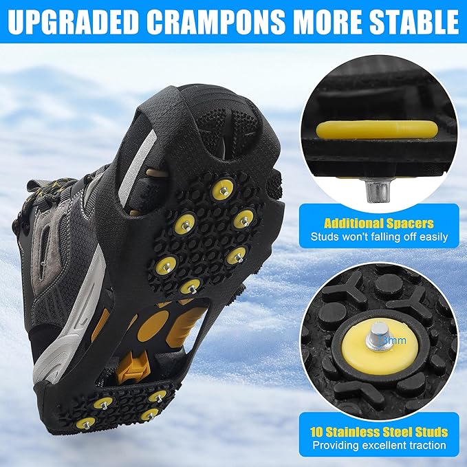 Ice Snow Cleats for Shoes Boots Non Slip Ice Cleats Overshoe for Walking on Snow and Ice Rubber Crampons with 10-Stud Ice Rubber Cleats Slip-on Stretch Footwear