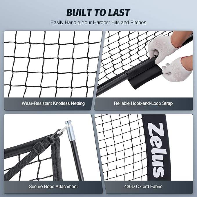 ZELUS 7x7 ft Baseball Softball Practice Net, Hitting and Pitching Net with Adjustable Batting Tee 2 Strike Zone, Portable Baseball Backstop Net with Carry Bag, Great for All Skill Levels
