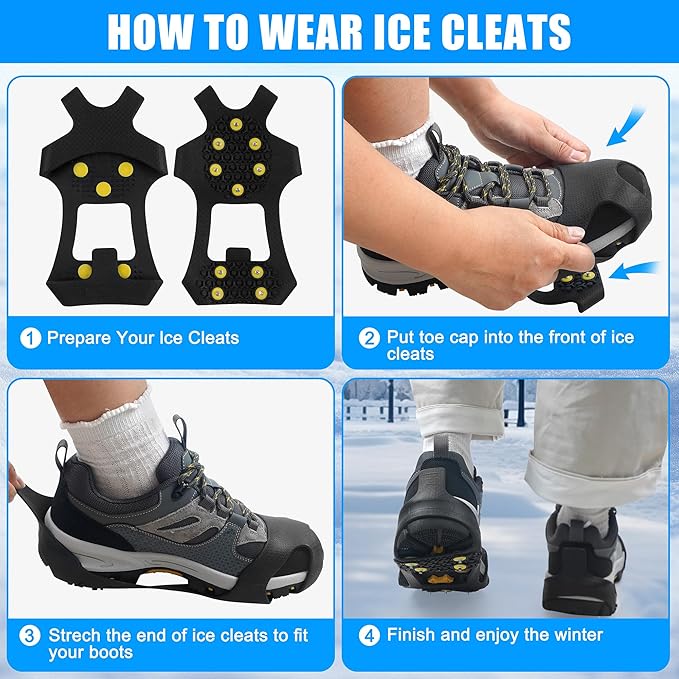 Ice Snow Cleats for Shoes Boots Non Slip Ice Cleats Overshoe for Walking on Snow and Ice Rubber Crampons with 10-Stud Ice Rubber Cleats Slip-on Stretch Footwear