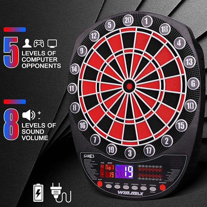 WIN.MAX Electronic Dart Board Soft Tip Dartboard Set LED Displays 3 Languages with 12 Darts 100 Tips Power Adapter