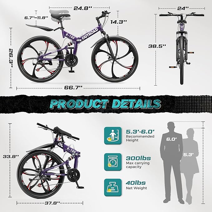 Outroad Folding Mountain Bike Foldable/Unfoldable Bike 26 Inch for Adult, 21-Speed Dual Suspension High-Carbon Steel MTB Foldable Bicycle, Dual Disc Brake Folding Bikes for Women and Men
