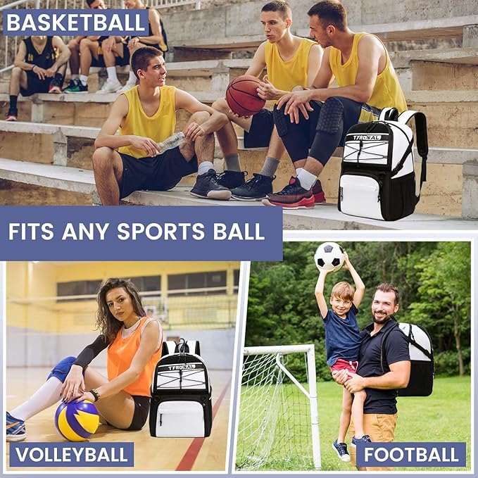 Basketball Bag Backpack with Ball Holder and Shoes Compartment,Best for Basketball, Soccer, Volleyball, Gym. (WHITE)