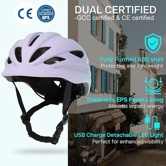 Bike Helmet Adult Urban:Bicycle Helmet for Men Women with USB Charge Detachable Taillight Helmets for Commuter Cycling Scooters