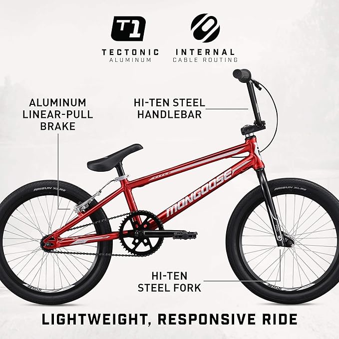Mongoose Title Pro or Elite BMX Race Bike with 20 or 24-Inch Wheels in Red, Orange, or Black, Beginner or Returning Riders, Featuring Lightweight Tectonic T1 Aluminum Frame and Internal Cable Routing