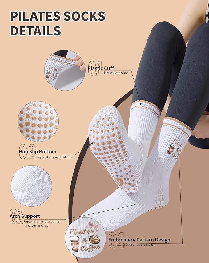Yawlsow Pilates Grip Socks for Women Yoga Grippy Socks Cute Barre Non Skid Athletic Crew Sticky Sock Workout Hospital