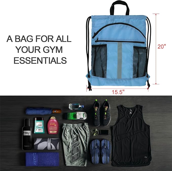 BeeGreen Drawstring Backpack Bag with Shoe Compartment, X-Large Black Gym Sports String Cinch Backpack