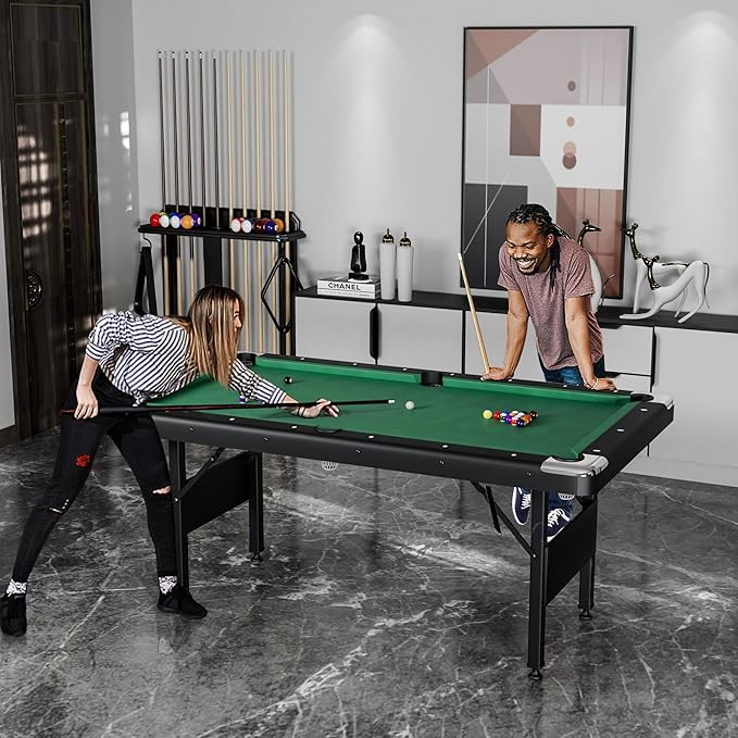 3 in 1 Billiard Table, 5.5 FT Folding Pool Table with Ping Pong Table and Dining Top, Multi Game Table Includes Billiard Accessories and Tennis Paddles for Family Game Room, Basements
