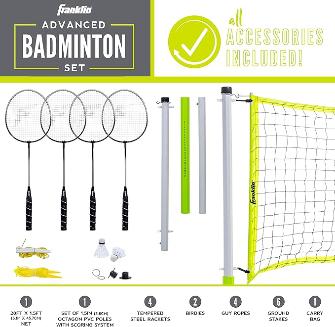 Franklin Sports Badminton Set - Portable Backyard + Beach Badminton Set - Adult + Kids 4 Player Badminton Net Set - (4) Rackets + (2) Birdies Included - Advanced