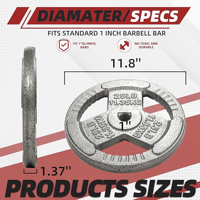 Cast Iron Gym Weight Plates | 1" and 2" Olympic Bumper Plates for Weightlifting, CrossFit, Deadlift, and Squat