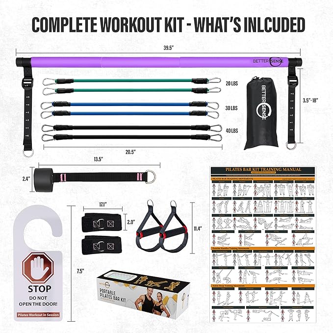 Upgraded Pilates Bar Kit – 39” Adjustable Exercise Equipment for Men, Women with 6X 20, 30, 40 lbs Resistance Bands with Adjustment Buckle – Pilates Equipment for Home Workouts for All Fitness Levels