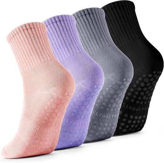 4 Pairs Pilates Socks with Grips for Women, Barre Yoga Grippy Socks, Womens Non Slip Pilates Crew Sticky Socks