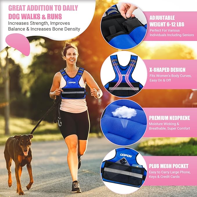 Adjustable Weighted Vest for Women, 6-12 Lbs Rucking Vest with 6 Ironsand Weights, Great Weighted Vest with Plus Pockets & Reflective Strips for Running, Walking, Workout and Strength Training