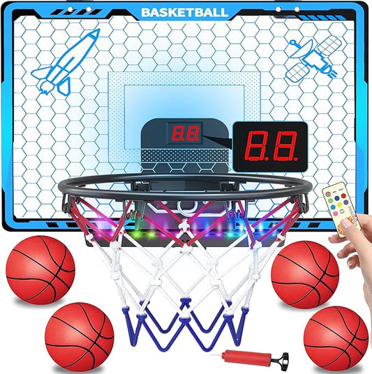 Awsoo Mini Basketball Hoop for Kids，Indoor Basketball Hoop with4 Basketballs, Colorful LED and Scoreboard, Mini Hoop Toys for 5 6 7 8 9 10 11 12 Year Old Boys Girls (Blue)