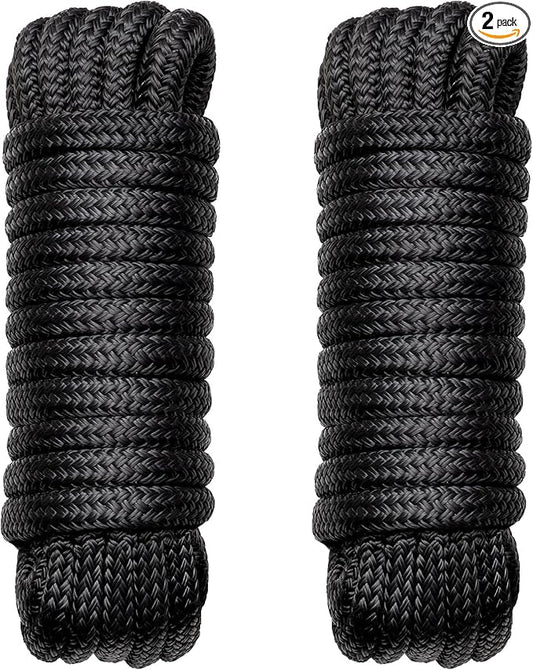 Boat Dock Lines Marine Rope - 1/2" x 20ft with Pre-Spliced 12" Loop Double Braided Nylon Ropes Bumper Tie Mooring Line for Boats Docking Pontoon Boating Accessories - 2 Pack