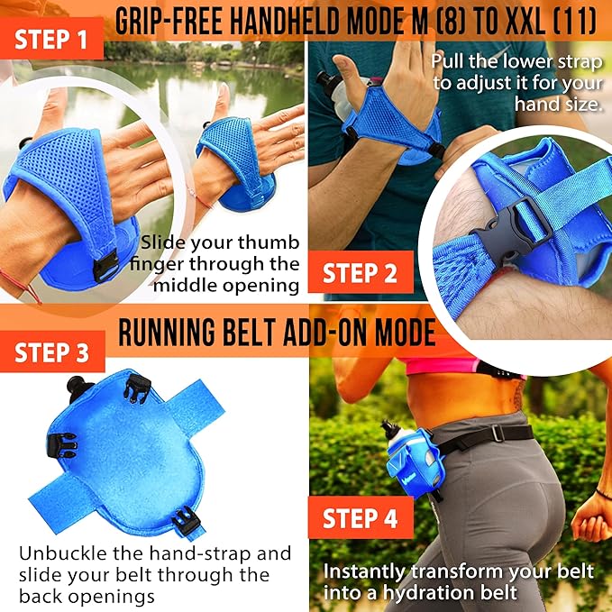 2-in-1 Running Fun – Handheld 12 Oz Water Bottle & Running Belt Add-On – No-Grip Design, Straps on Hand & Slides on Belt, Waterproof Pocket for Money, Keys, Gels – Maximize Time, Freedom & Health
