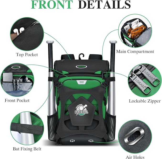 Baseball Backpack for Adult and Youth, Large Capacity Lightweight Softball Bag With Shoe Compartment and Fence Hook for TBall Bat & Equipment, Waterproof for Helmet, Gloves