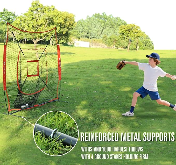 7'×7' Baseball Softball Practice Net,Baseball Backstop,with Batting Tee,for Hitting Pitching Batting Catching with Bow Frame,Bonus Strike Zone