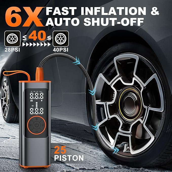 Tire Inflator Portable Air Compressor, 150PSI Aluminum Alloy Air Pump for Car Tires, Tire Pump with Digital Pressure Gauge & Emergency Light, 6X Faster Portable Tire Pump for Car, Ball, Bike, Motor