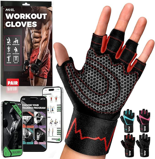MhIL Workout Gloves for Men – Comfortable Gym Gloves for Men with Enhanced Grip for Safety and Hand Protection – Weight Lifting Protection with Wrist Wraps Support for Performance Boost and Style
