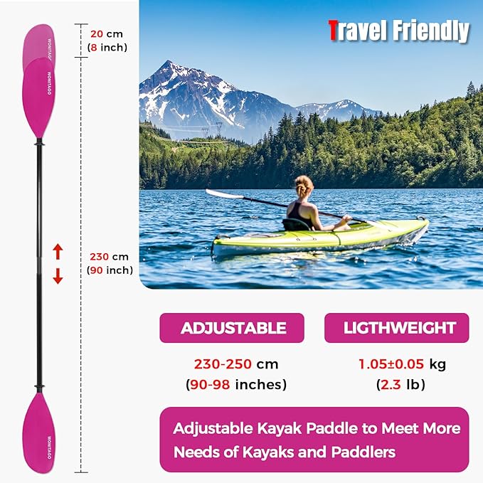 Kayak Paddle with Fiberglass Shaft and Reinforced Nylon Blade, Adjustable Kayaking Oars, 3 Piece, 230-250 cm/90-98 inches, 210-230 cm/82-90 inches