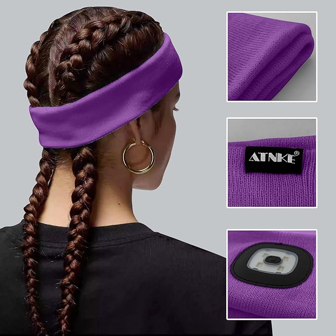 ATNKE 4 LED Lighted Sport Sweatband,USB Rechargeable Running Head Band Lamp High Stretch Wicking Gifts for Men and Women