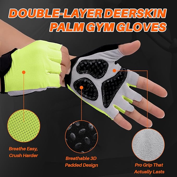 Double-Layer Deerskin Palm Gym Gloves: Anti-Slip Workout Gloves for Men & Women | Weight Lifting, Cycling, Rowing | Breathable 3D Padded Design