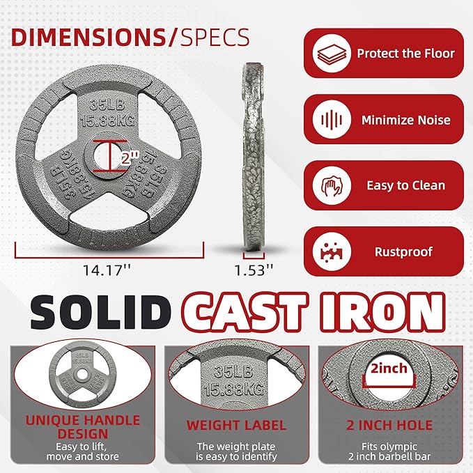 Cast Iron Gym Weight Plates | 1" and 2" Olympic Bumper Plates for Weightlifting, CrossFit, Deadlift, and Squat