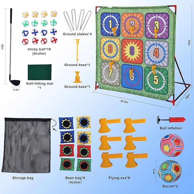 Soccer Games Set, 4-in-1 Carnival Games,-Battle Golf & Bean Bag Toss & Axe Throwing.Family Soccer Game with Various Accessories,Outdoor Games for Kids and Family