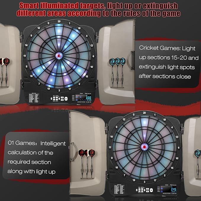 Electronic Dart Board Cabinet Set, Illuminated Target Dartboard for Adults Kids, 48 Games with 315 Variations Soft Tip Digital Dartboard Cabinets with 6 Darts, 100PCS Soft Tips