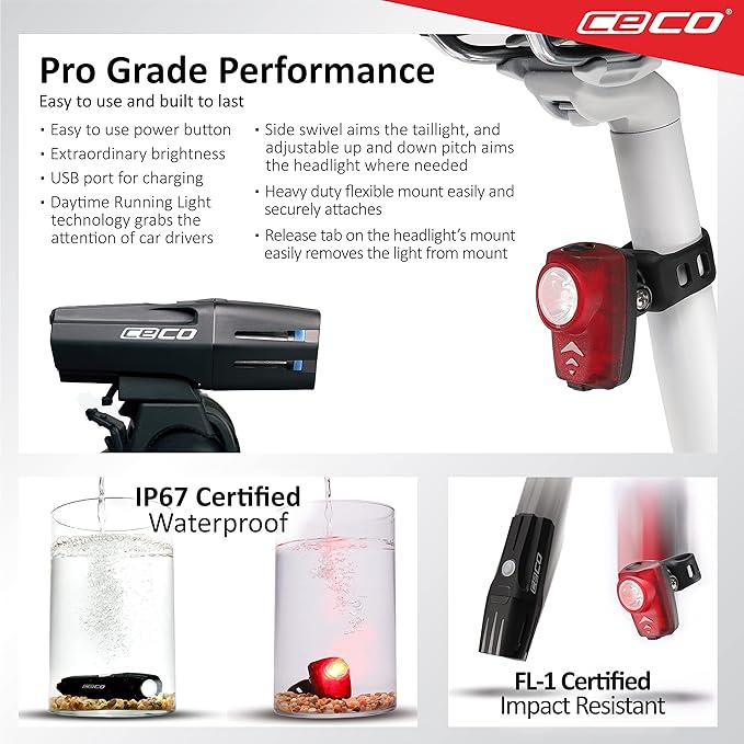 CECO-USA: 1,000 Lumen Headlight & 100 Lumen Tail Light Combo Pack for Cyclists who Want to See far & to be seen from afar. Brightest USB Rechargeable Bike Light Set Available for All Cyclists