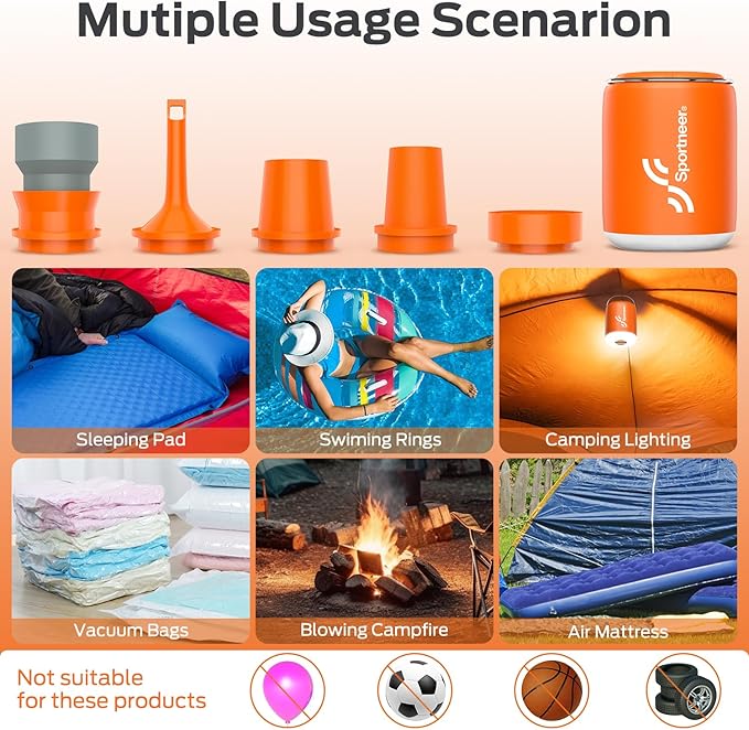 Sportneer Mini Air Pump: 1600mAh Rechargeable Air Pump for Inflatables with Hook, Magnetic and Light Function, Air Mattress Pump for Pool Floats, Sleeping Pads, Swimming Ring, Vacuum Storage Bags