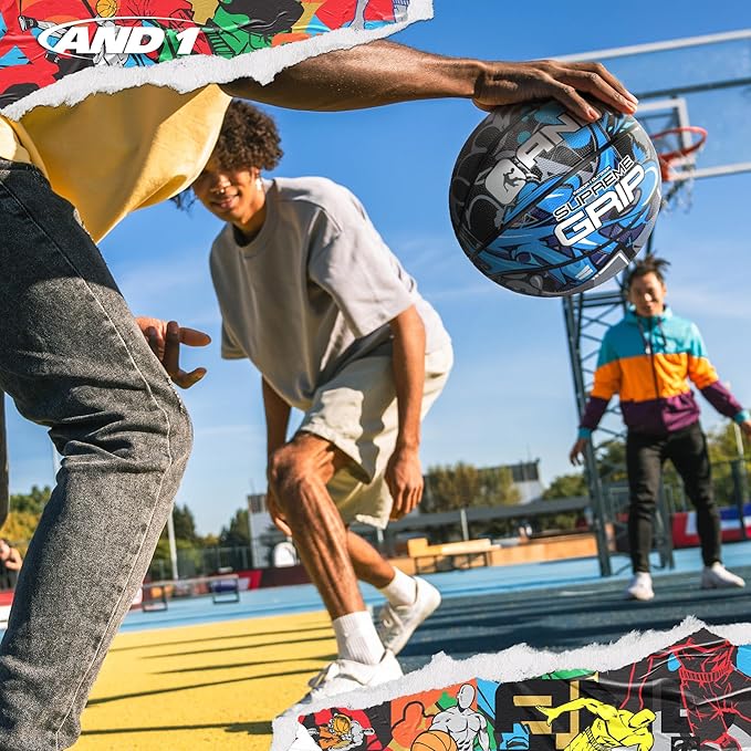 AND1 Supreme Grip Official Regulation Size 7 (29.5 inches) Rubber Basketball - Deep Channel Construction Streetball, Made for Indoor Outdoor Games