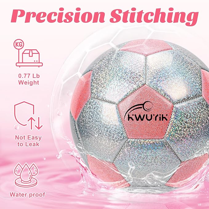Soccer Ball Size 3 4 5 Glitter Pink Purple Silver with Pump Toddler Soccer Ball for Kids Aged 3-6 6-8 8-12 Outdoor Training Ball for Girls Boys Children Youth Teens