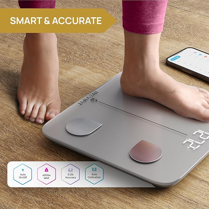 INEVIFIT Smart Body Fat Scale, BMI Highly Accurate Bluetooth Digital Bathroom Body Composition Analyzer. Measures Body Fat, Water, Muscle, Bone Mass & More for Unlimited Users
